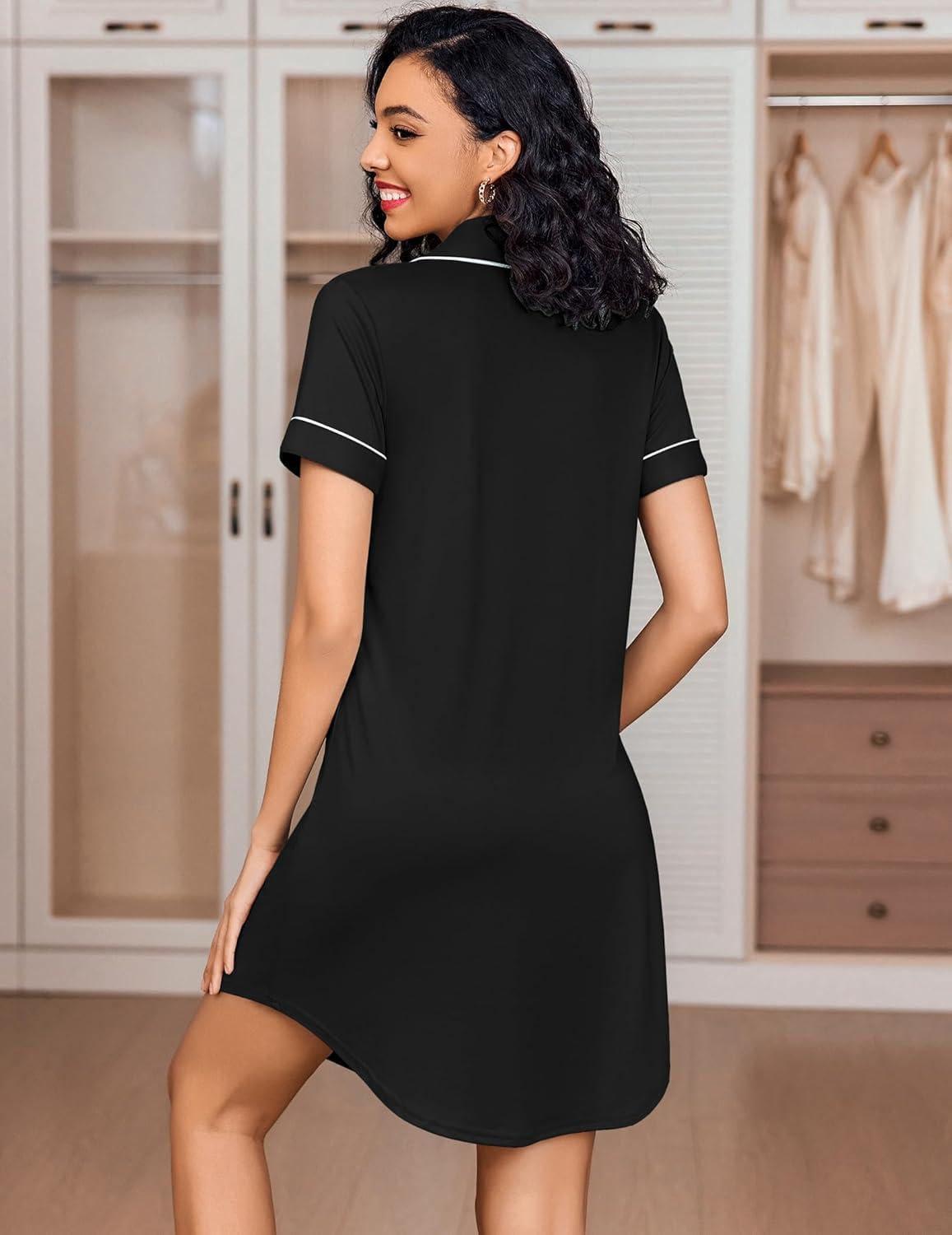 imageEkouaer Womens Nightgown Button Down Nightshirt V Neck Sleepshirt Short Sleeve Sleepwear Soft Pajama DressBlack