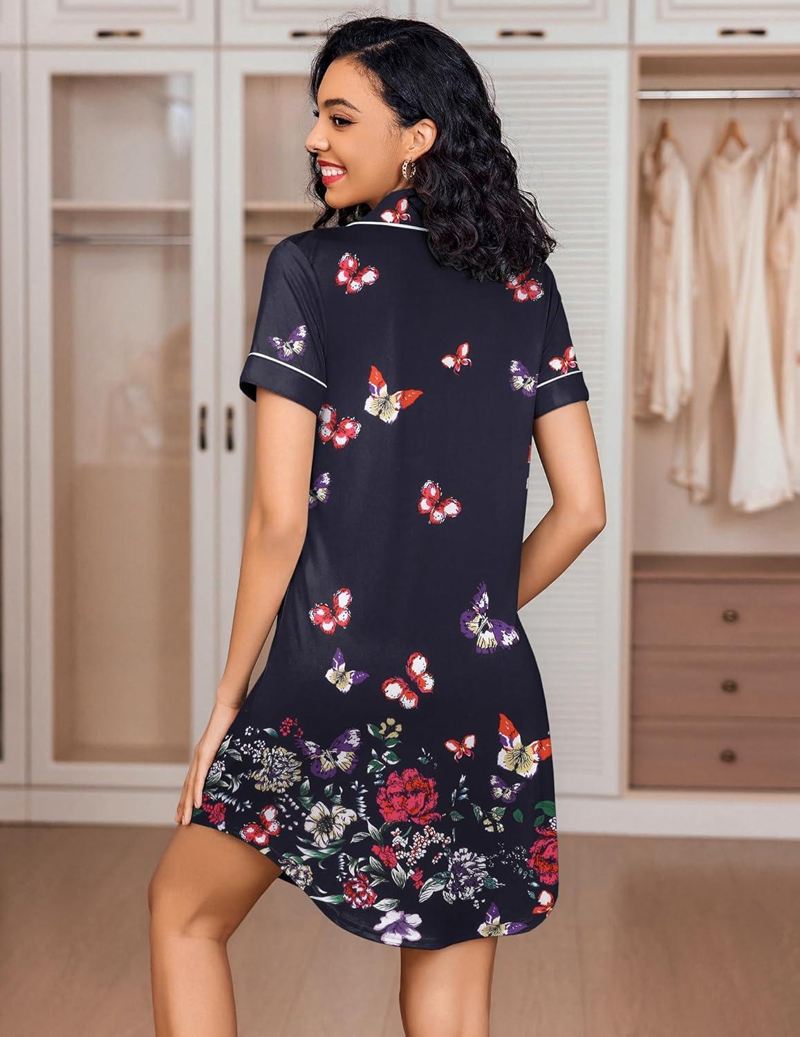 imageEkouaer Womens Nightgown Button Down Nightshirt V Neck Sleepshirt Short Sleeve Sleepwear Soft Pajama DressBlack Butterfly