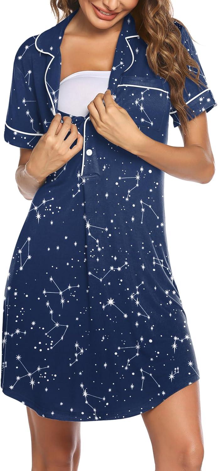 imageEkouaer Womens Nightgown Button Down Nightshirt V Neck Sleepshirt Short Sleeve Sleepwear Soft Pajama DressBlack Starry Sky