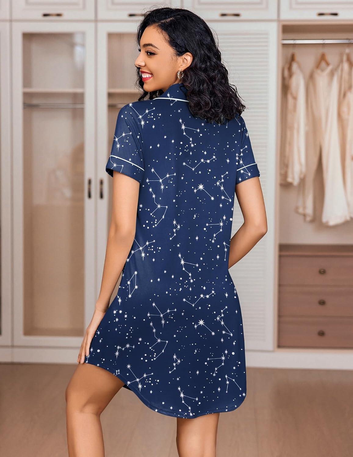 imageEkouaer Womens Nightgown Button Down Nightshirt V Neck Sleepshirt Short Sleeve Sleepwear Soft Pajama DressBlack Starry Sky