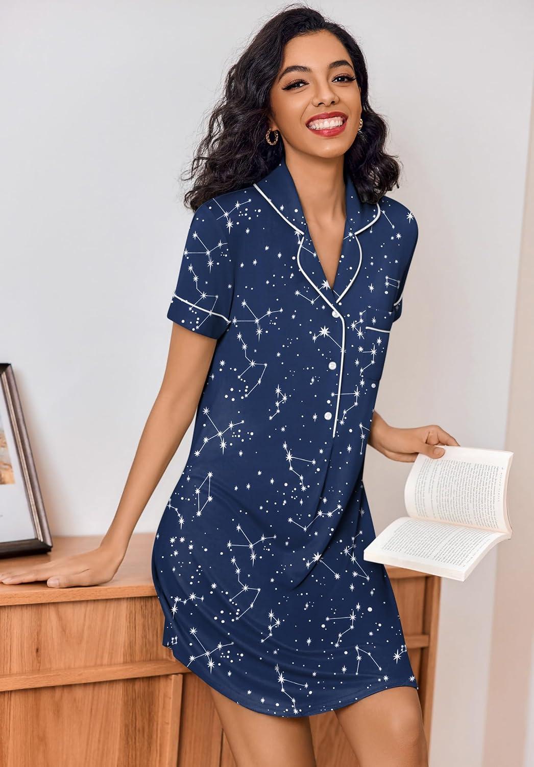 imageEkouaer Womens Nightgown Button Down Nightshirt V Neck Sleepshirt Short Sleeve Sleepwear Soft Pajama DressBlack Starry Sky