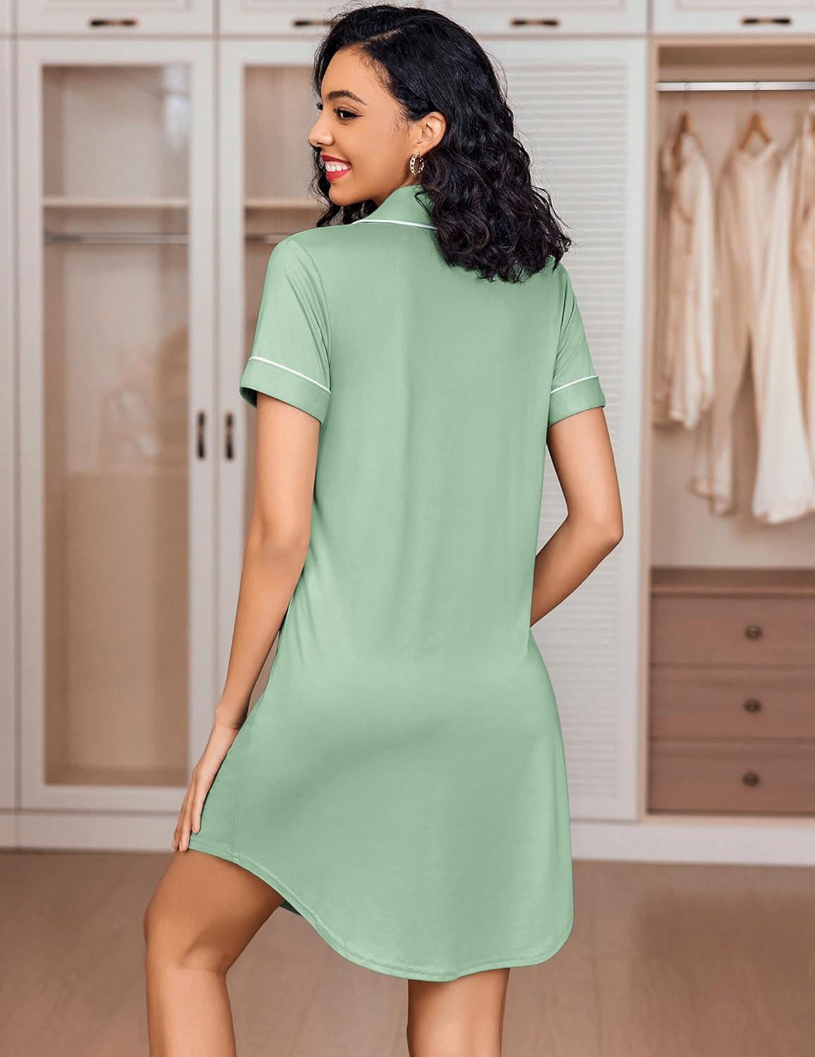 imageEkouaer Womens Nightgown Button Down Nightshirt V Neck Sleepshirt Short Sleeve Sleepwear Soft Pajama DressLight Green
