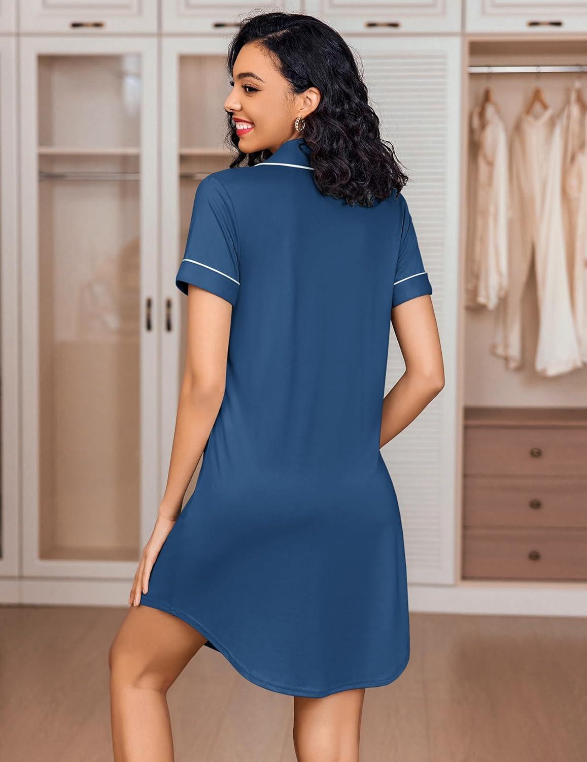imageEkouaer Womens Nightgown Button Down Nightshirt V Neck Sleepshirt Short Sleeve Sleepwear Soft Pajama DressNavy