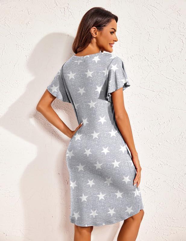 imageEkouaer Womens Nightgown Short Flare Sleeve Sleepshirt VNeck Sleepwear Soft Nightshirt Pajama Dress SXXLStar Print