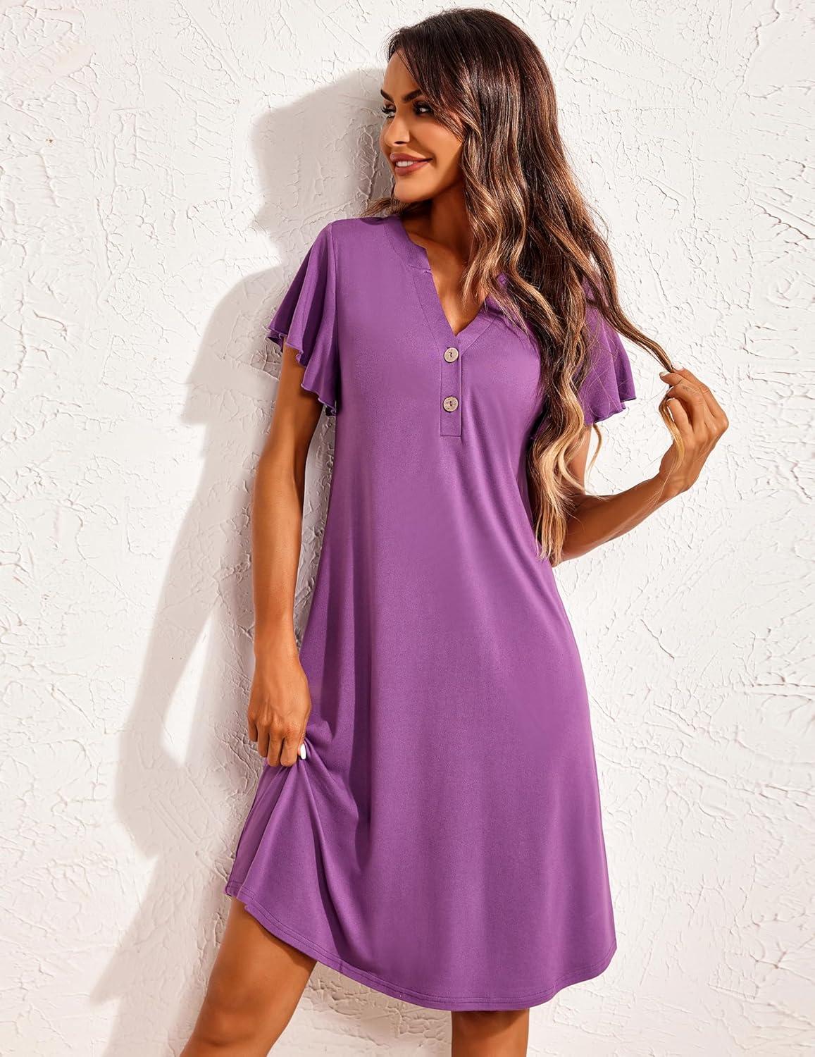 imageEkouaer Womens Nightgown Short Flare Sleeve Sleepshirt VNeck Sleepwear Soft Nightshirt Pajama Dress SXXLWineberry