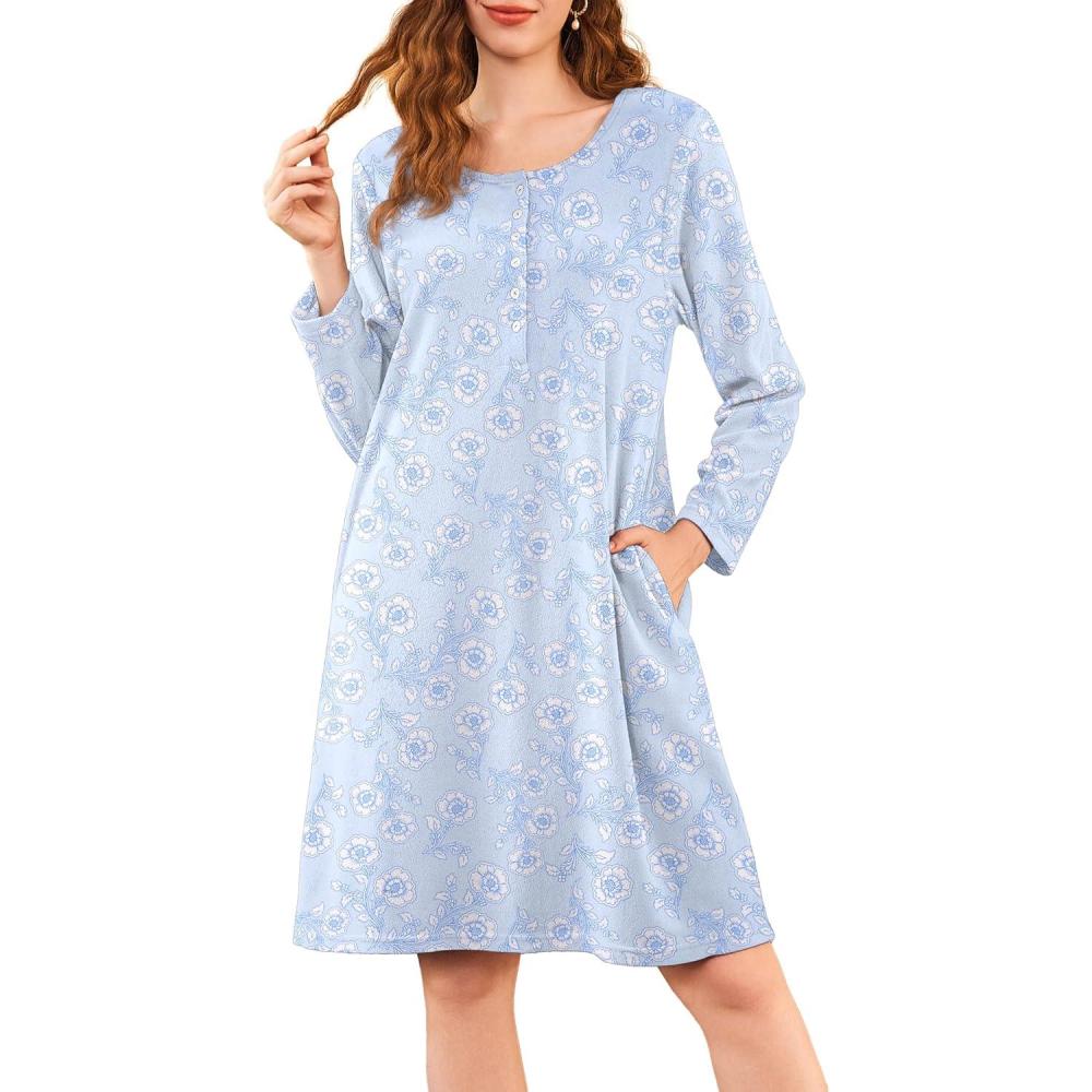 imageEkouaer Flannel Nightgowns for Women Long Sleeve Sleepwear Pajama Dress Button Sleepshirts with PocketsLight Blue Floral