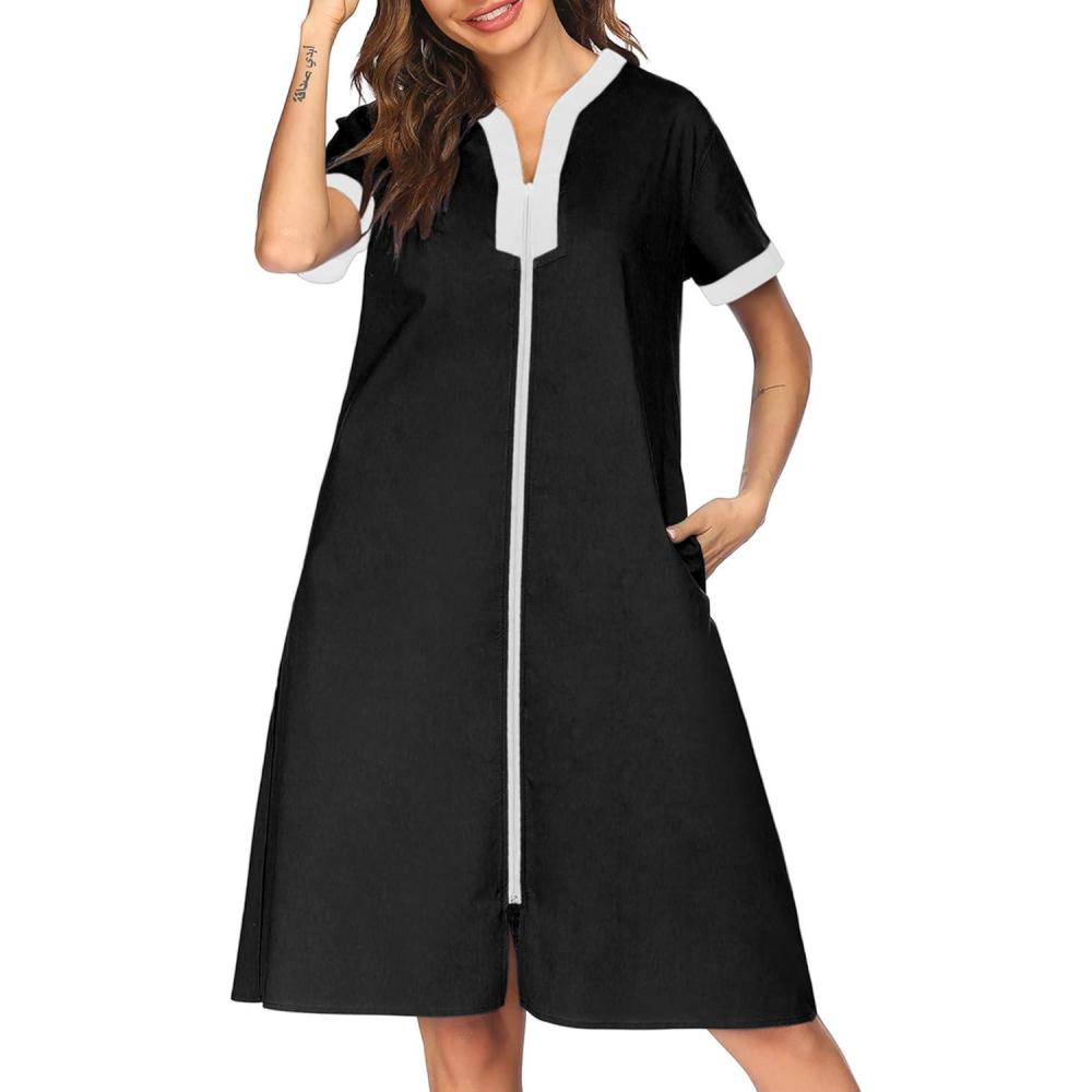 imageEkouaer Housecoat Women Zipper Front Duster Robe Short Sleeve Lounger Housedress Pockets Nightgown Casual Nights SXXXLBlack