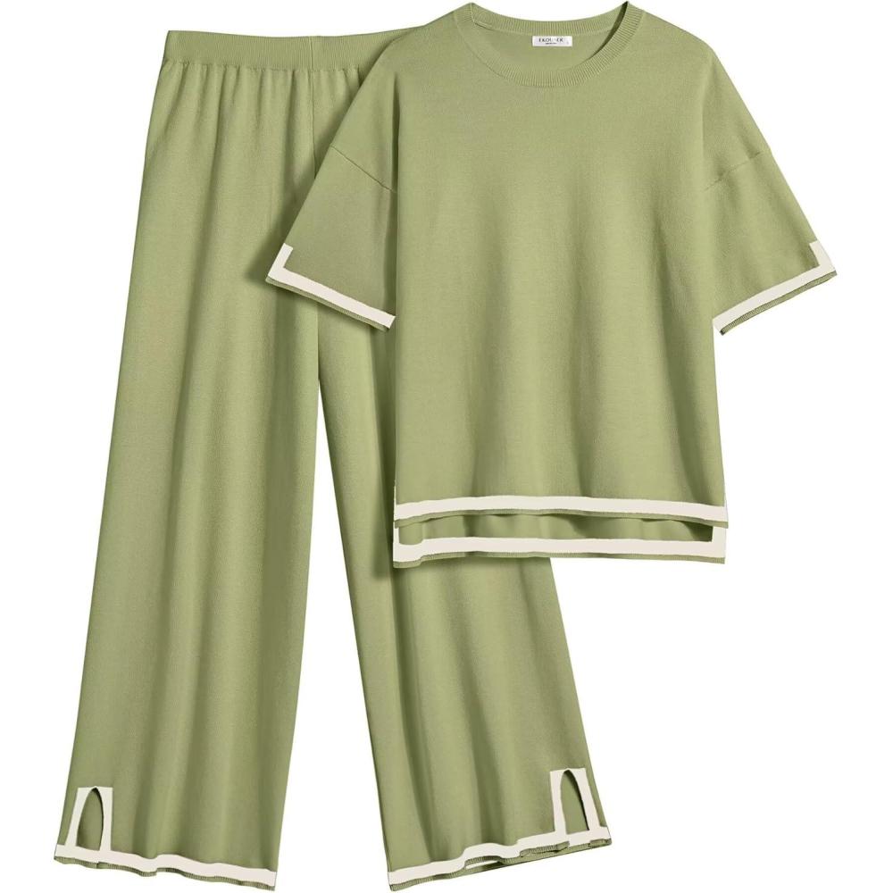 imageEkouaer Lounge Set for Women Travel Outfits 2 Piece Sets Short Sleeve Sweater Top Wide Leg Long Pants LoungewearArmy Green