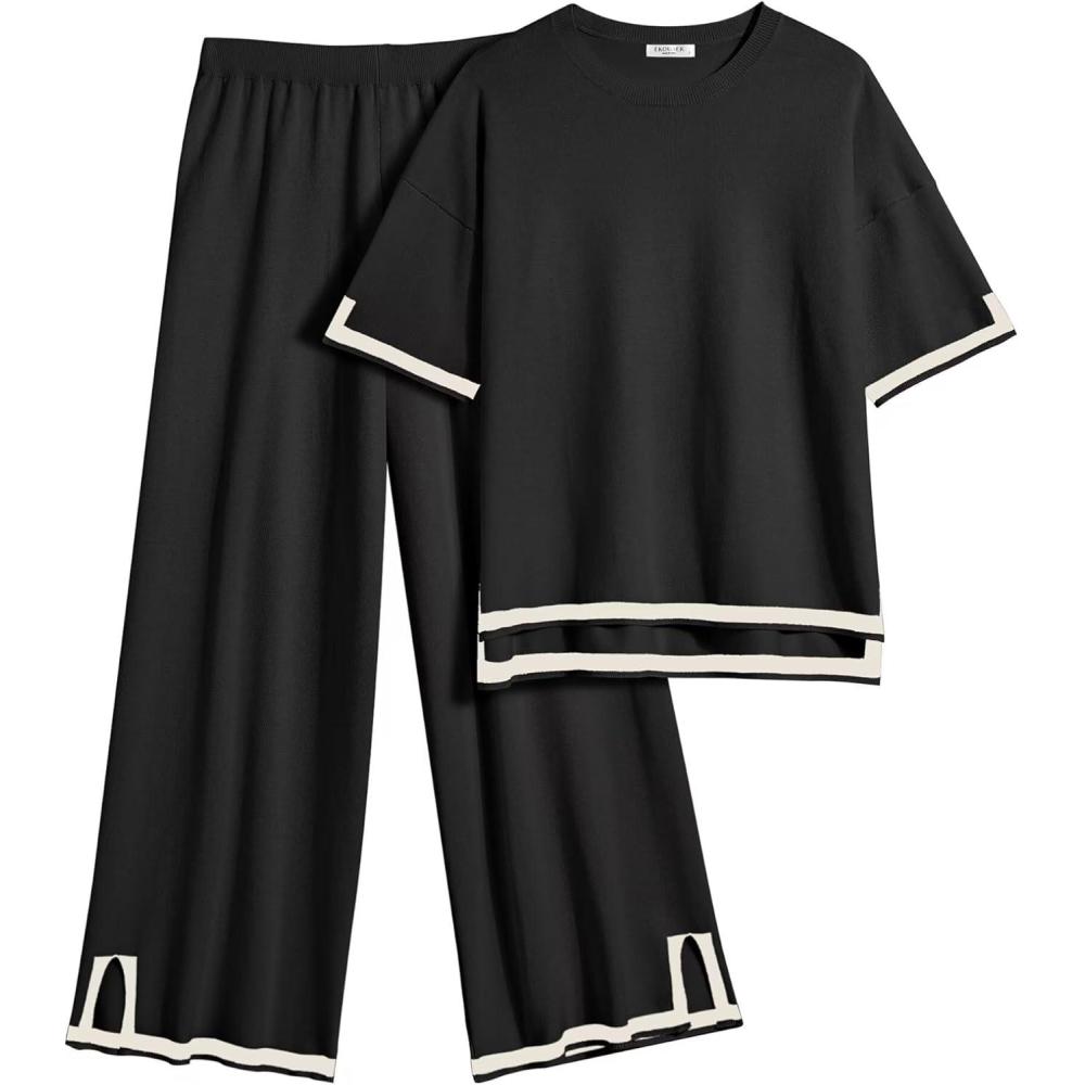 imageEkouaer Lounge Set for Women Travel Outfits 2 Piece Sets Short Sleeve Sweater Top Wide Leg Long Pants LoungewearBlack