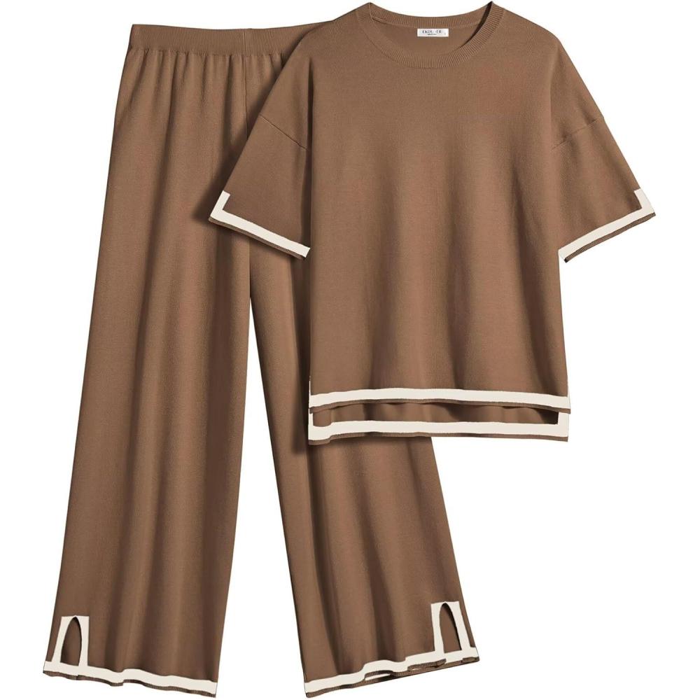 imageEkouaer Lounge Set for Women Travel Outfits 2 Piece Sets Short Sleeve Sweater Top Wide Leg Long Pants LoungewearBrown