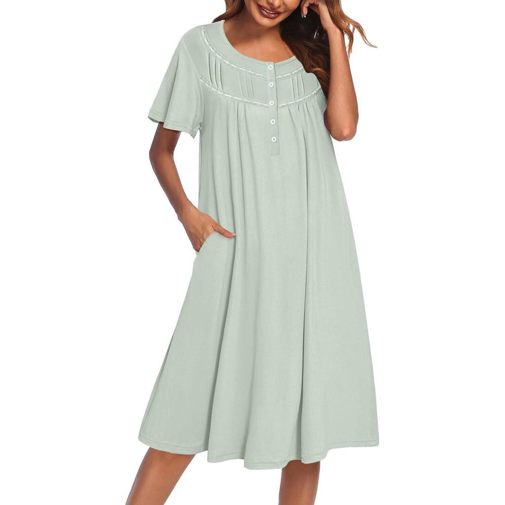 imageEkouaer Moo Moos for Women House Dress with Pockets Short Sleeve Mumu Dress Button Down Nightgown Soft Sleepwear SXXXLLight Green