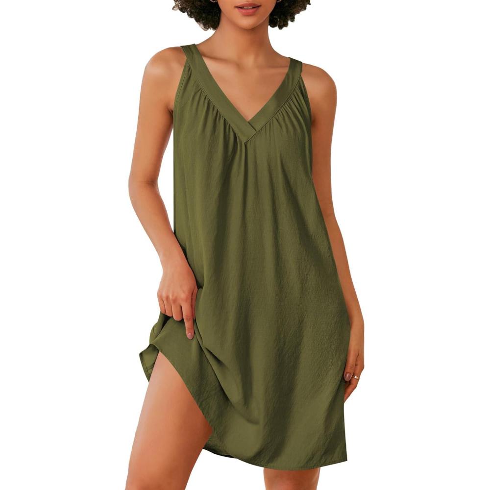 imageEkouaer Nightgown for Women Sleeveless Sleepwear Lightweight Racerback Sleep Shirt Pleated V Neck Night Dress Short ChemiseArmy Green