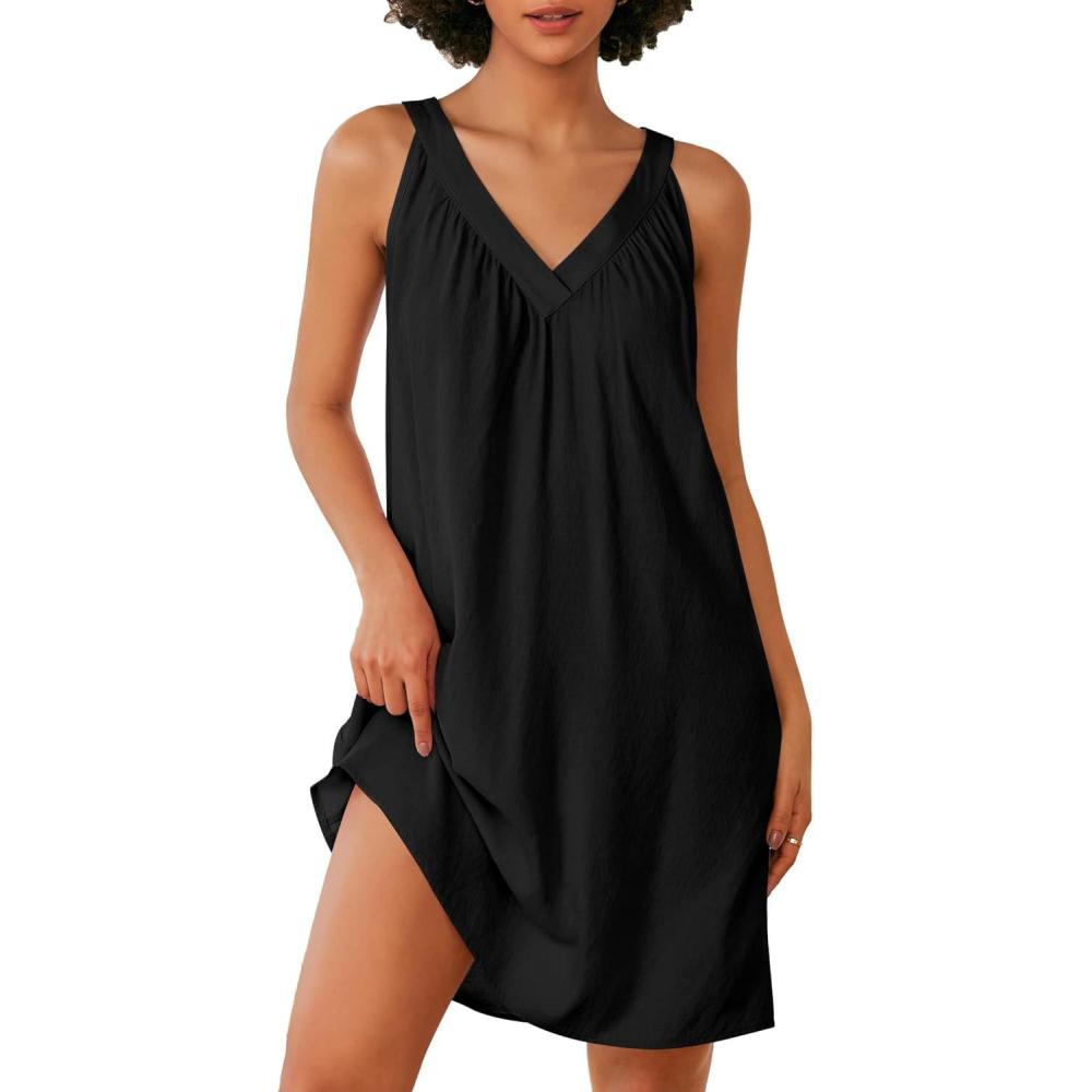 imageEkouaer Nightgown for Women Sleeveless Sleepwear Lightweight Racerback Sleep Shirt Pleated V Neck Night Dress Short ChemiseBlack