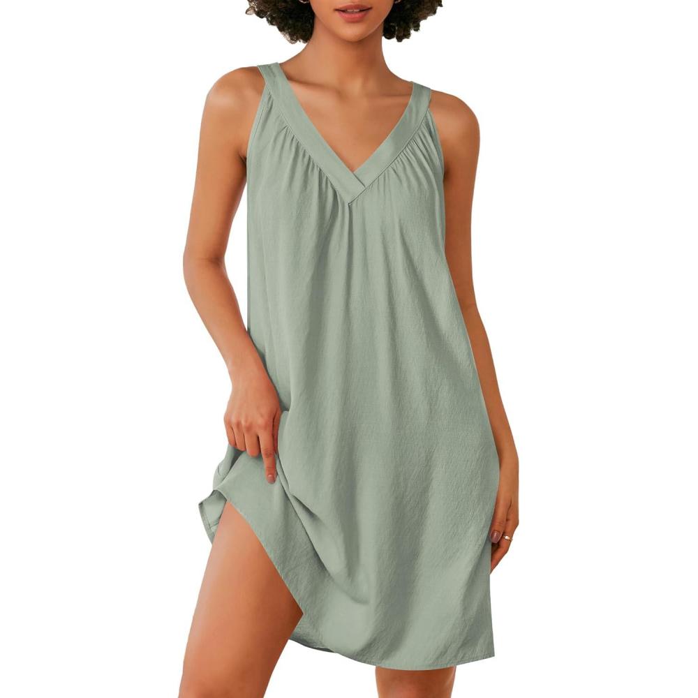 imageEkouaer Nightgown for Women Sleeveless Sleepwear Lightweight Racerback Sleep Shirt Pleated V Neck Night Dress Short ChemiseLight Green