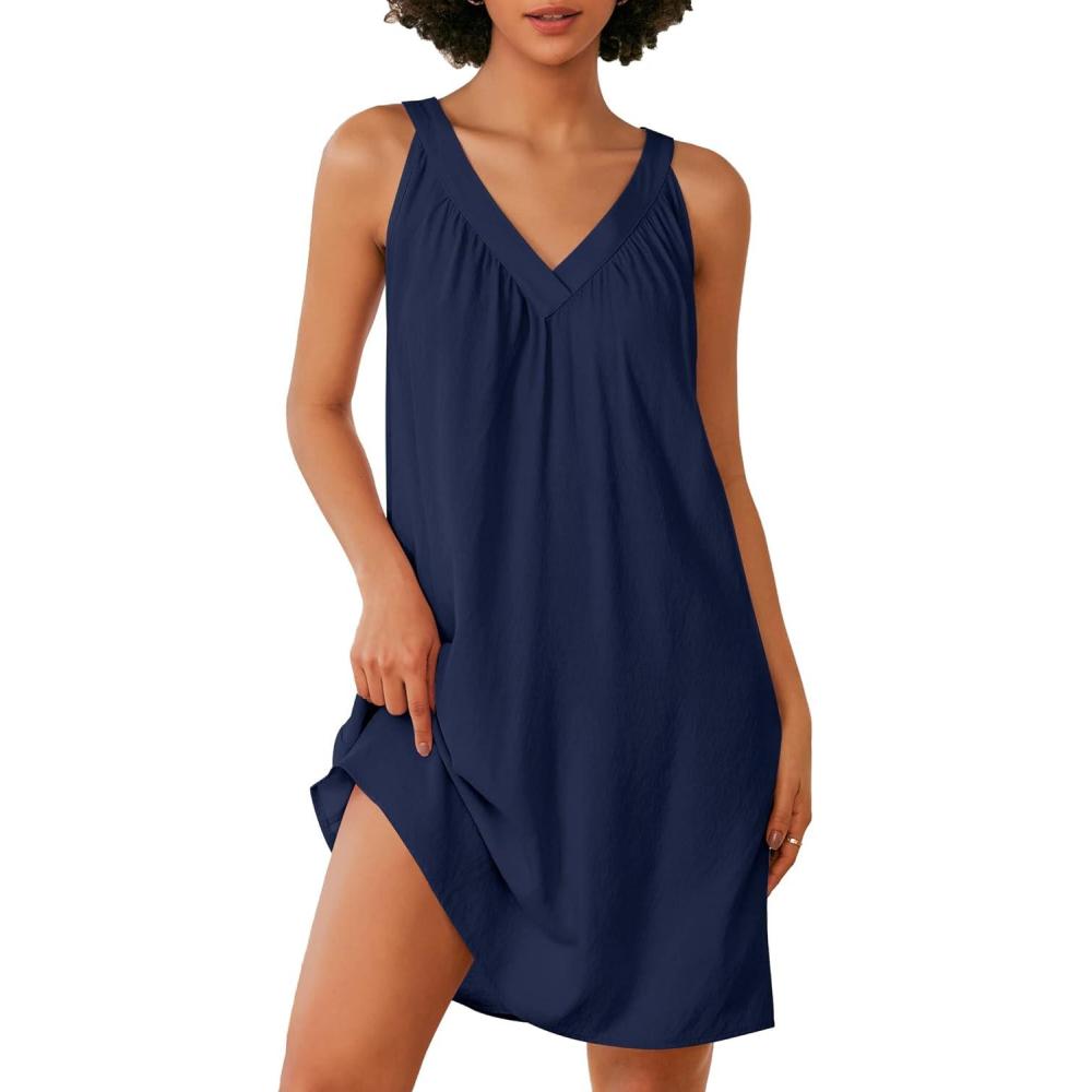 imageEkouaer Nightgown for Women Sleeveless Sleepwear Lightweight Racerback Sleep Shirt Pleated V Neck Night Dress Short ChemiseNavy Blue