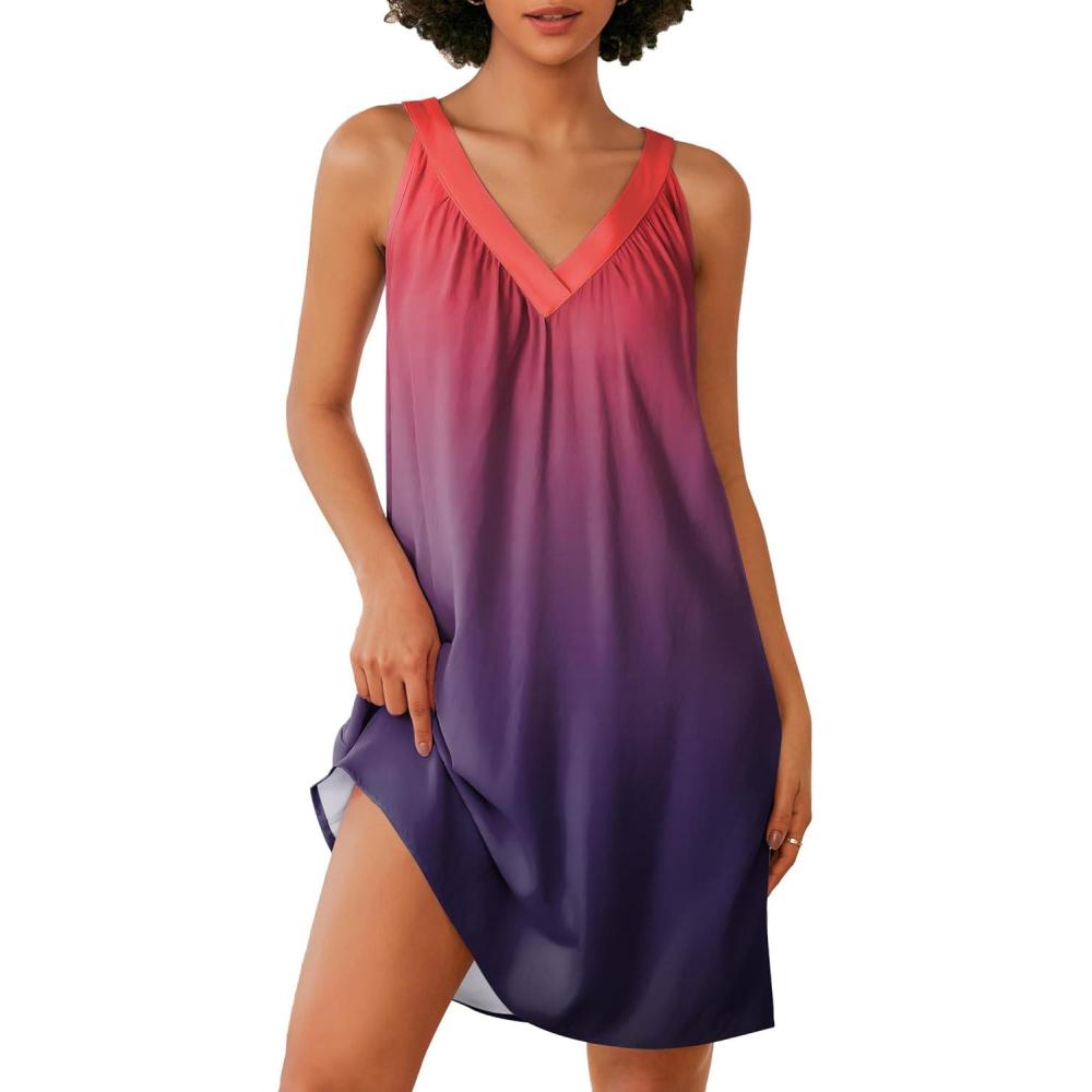 imageEkouaer Nightgown for Women Sleeveless Sleepwear Lightweight Racerback Sleep Shirt Pleated V Neck Night Dress Short ChemiseTie Dye Red Purple