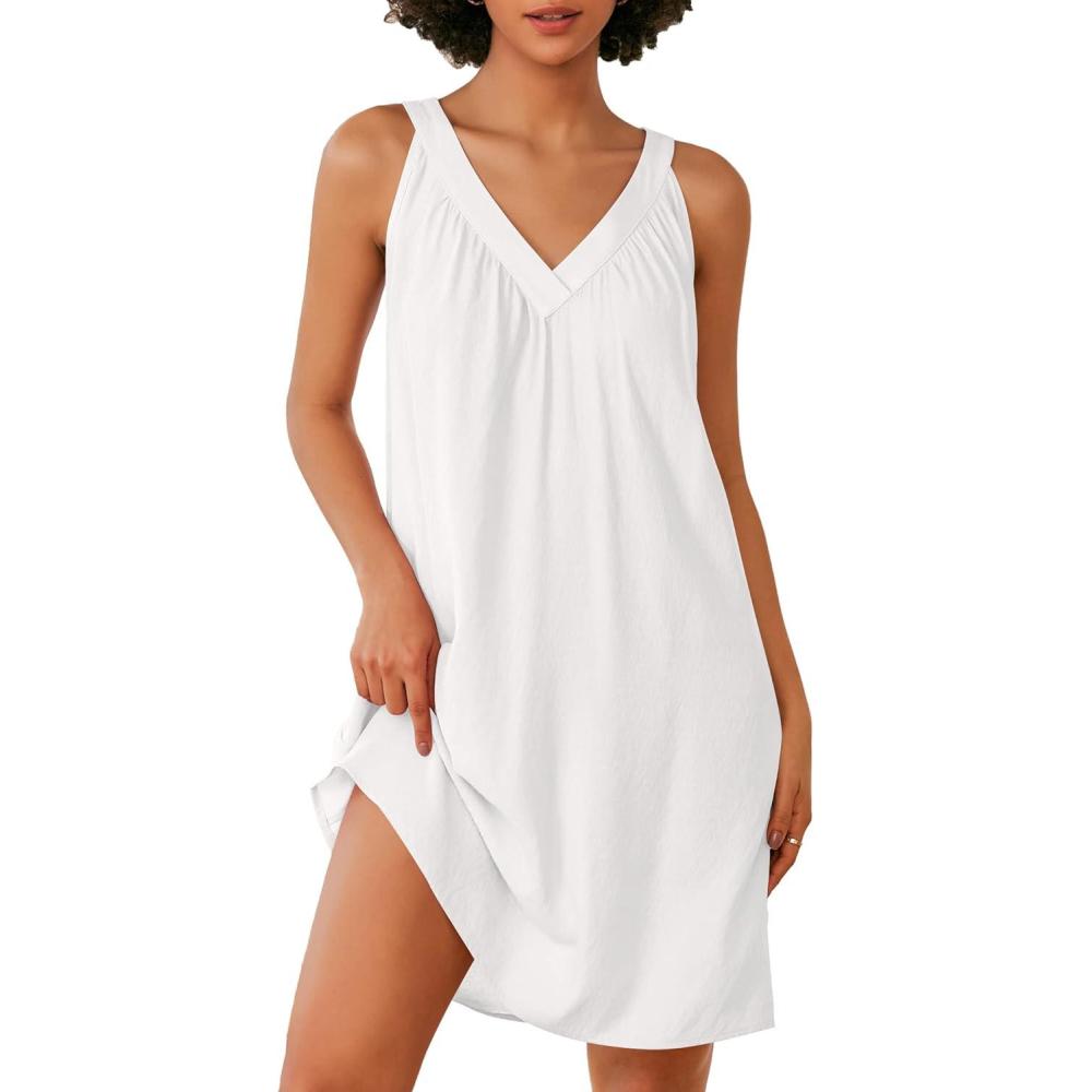 imageEkouaer Nightgown for Women Sleeveless Sleepwear Lightweight Racerback Sleep Shirt Pleated V Neck Night Dress Short ChemiseWhite