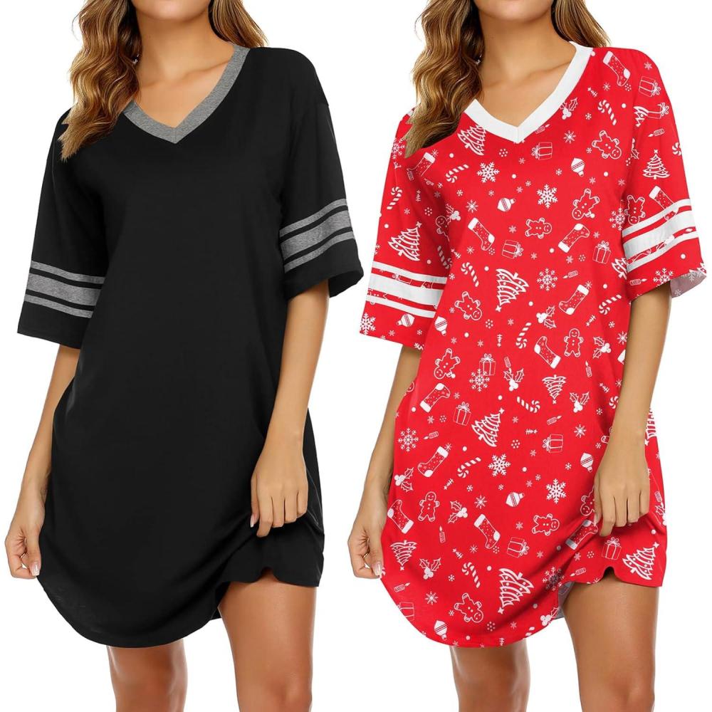imageEkouaer Nightgowns for Women 2 Pack Sleepshirts Short Sleeve Nightshirt V Neck Sleepwear Casual Pajama DressBlackChristmas Red