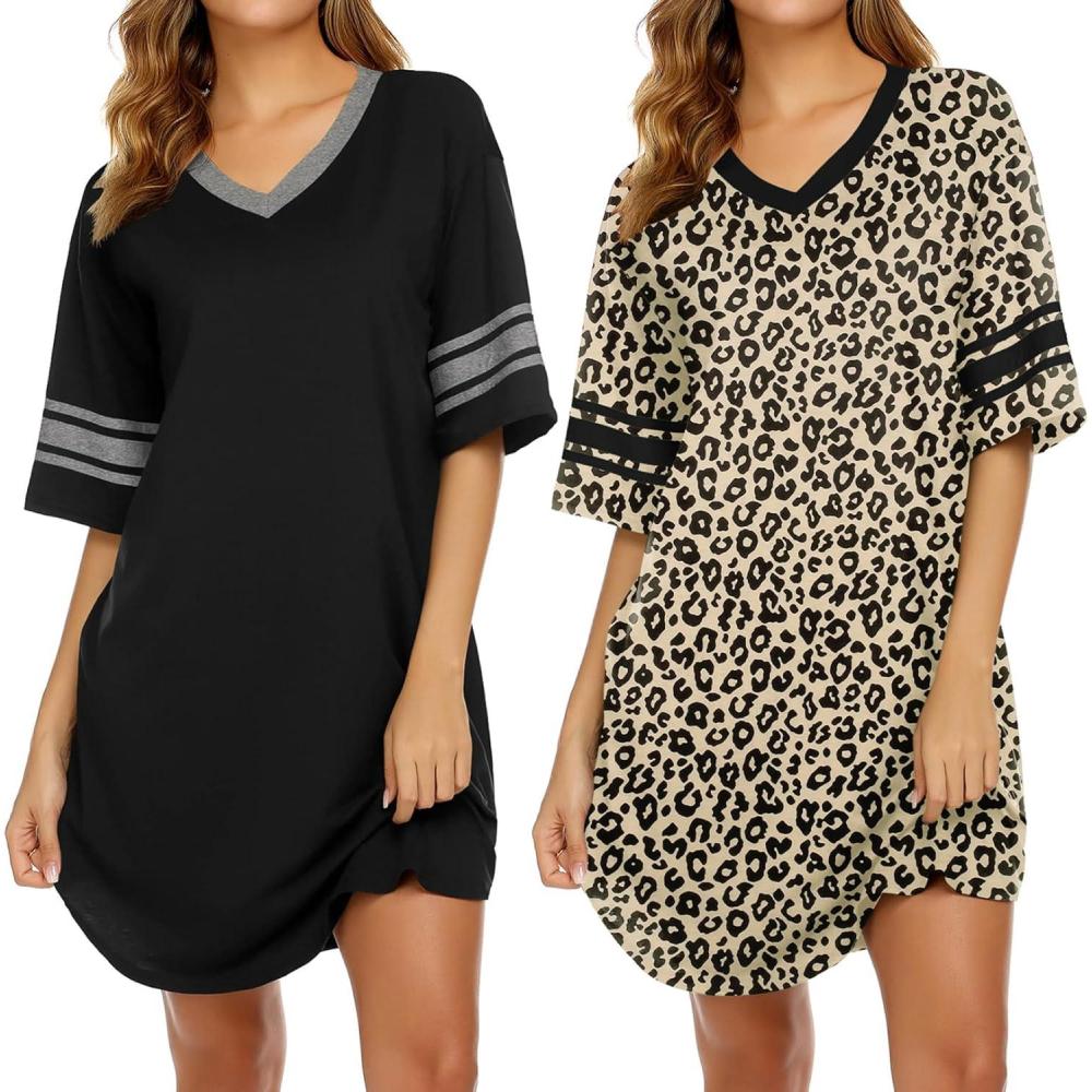 imageEkouaer Nightgowns for Women 2 Pack Sleepshirts Short Sleeve Nightshirt V Neck Sleepwear Casual Pajama DressBlackLeopard