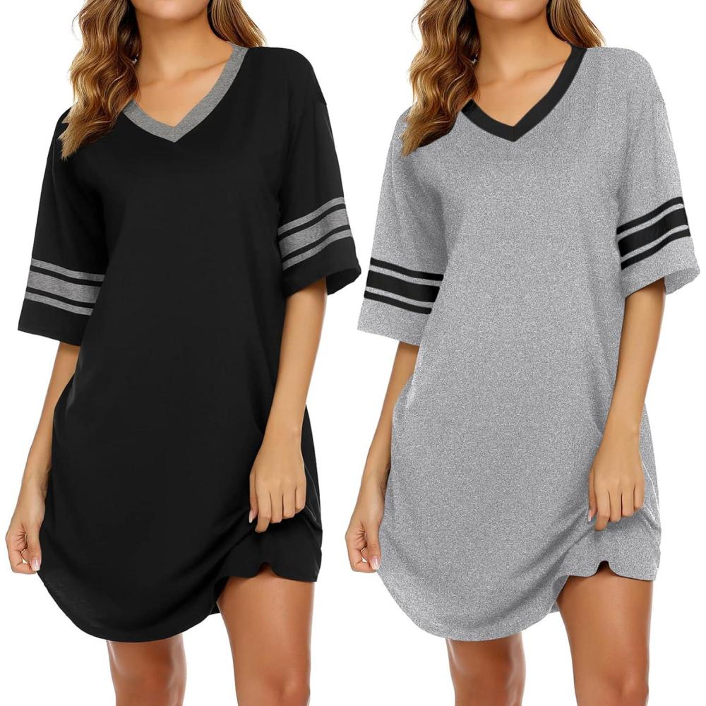imageEkouaer Nightgowns for Women 2 Pack Sleepshirts Short Sleeve Nightshirt V Neck Sleepwear Casual Pajama DressBlackLight Grey