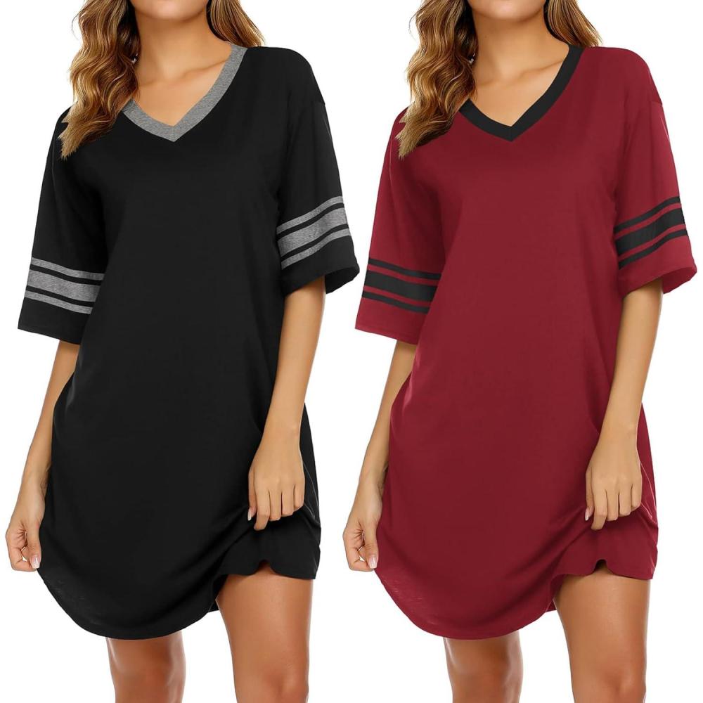 imageEkouaer Nightgowns for Women 2 Pack Sleepshirts Short Sleeve Nightshirt V Neck Sleepwear Casual Pajama DressBlackWine Red