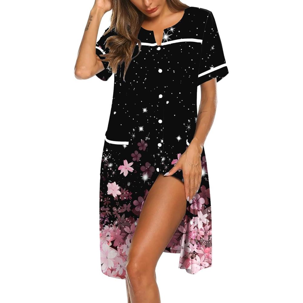 imageEkouaer Nightgowns for Women House Dress with Pockets Button Down Sleepshirt Short Sleeve Nightshirt Housecoat SXXXLBlack Sakura