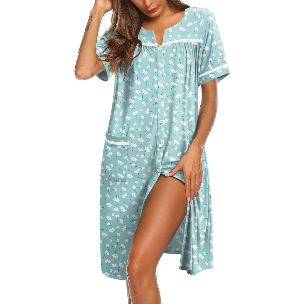 imageEkouaer Nightgowns for Women House Dress with Pockets Button Down Sleepshirt Short Sleeve Nightshirt Housecoat SXXXLGreen Floral