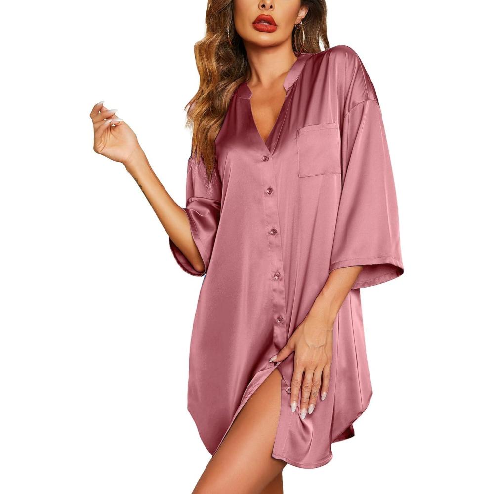 imageEkouaer Satin Nightgowns for Women Silk Sleepwear Button Down Sleepshirt 34 Sleeve VNeck Nightshirts with PocketsPurple Red