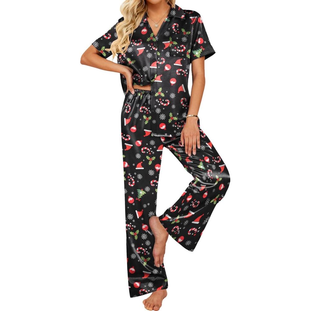imageEkouaer Silk Pajamas for Womens Set 2 Piece Satin Pjs Soft Button Down Sleepwear Wide Leg Long Pants with PocketsBlackchristmas