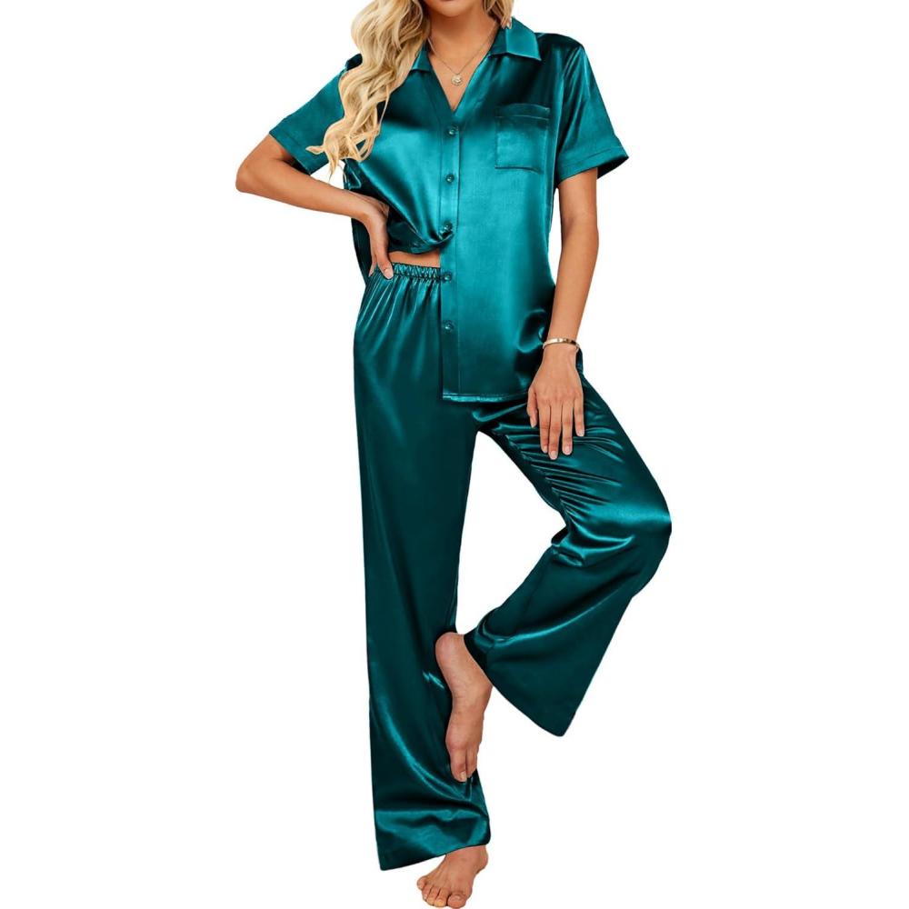 imageEkouaer Silk Pajamas for Womens Set 2 Piece Satin Pjs Soft Button Down Sleepwear Wide Leg Long Pants with PocketsBlue Green