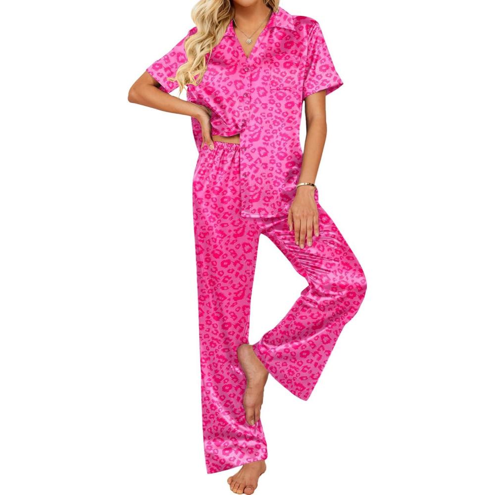 imageEkouaer Silk Pajamas for Womens Set 2 Piece Satin Pjs Soft Button Down Sleepwear Wide Leg Long Pants with PocketsHot Pink Leopard