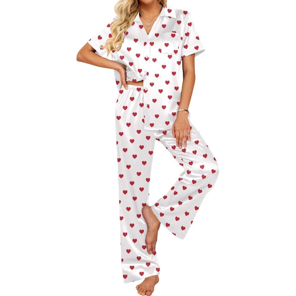 imageEkouaer Silk Pajamas for Womens Set 2 Piece Satin Pjs Soft Button Down Sleepwear Wide Leg Long Pants with PocketsRed Heart