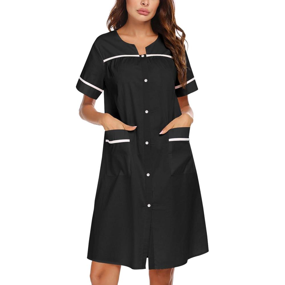 imageEkouaer Sleepwear Womens Snap Front Nightgown Housecoat Cotton Duster Short Sleeve House DressBlack