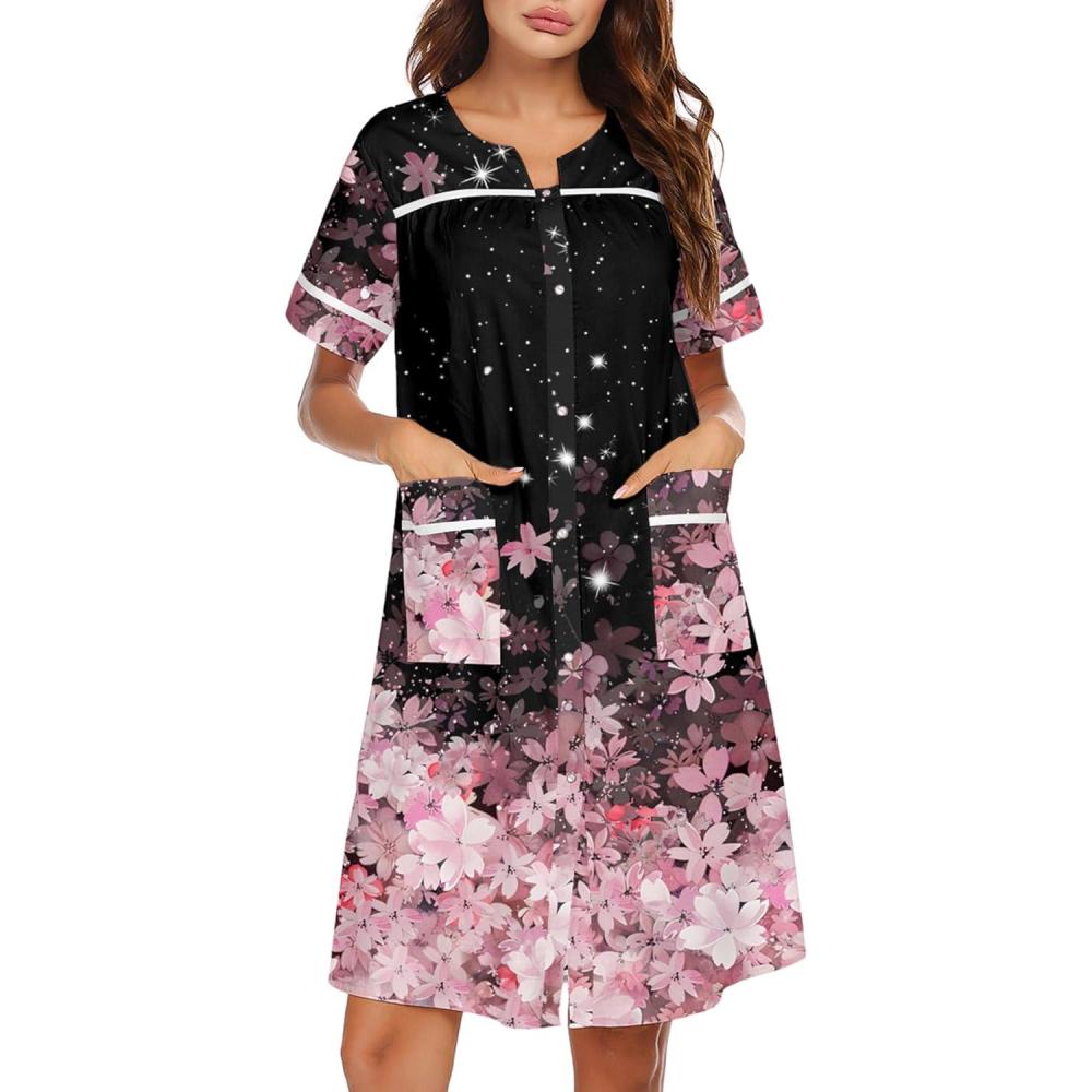 imageEkouaer Sleepwear Womens Snap Front Nightgown Housecoat Cotton Duster Short Sleeve House DressBlack Pink Sakura