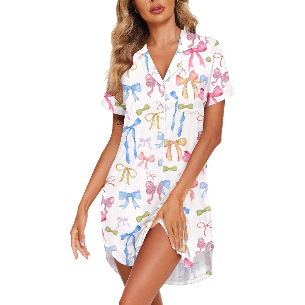 imageEkouaer Womens Cotton Nightgowns Button Down Sleep Shirts Soft Night Shirts Night DressColorful Bow