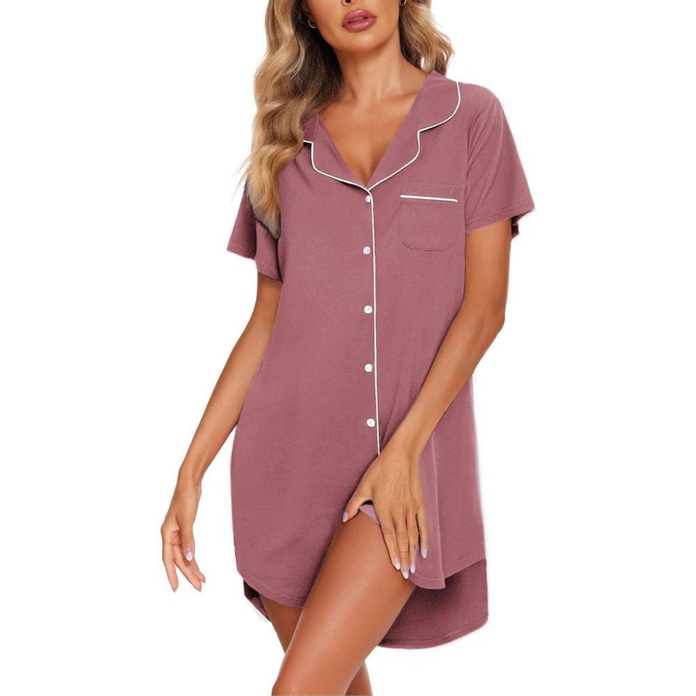 imageEkouaer Womens Cotton Nightgowns Button Down Sleep Shirts Soft Night Shirts Night DressDark Pink
