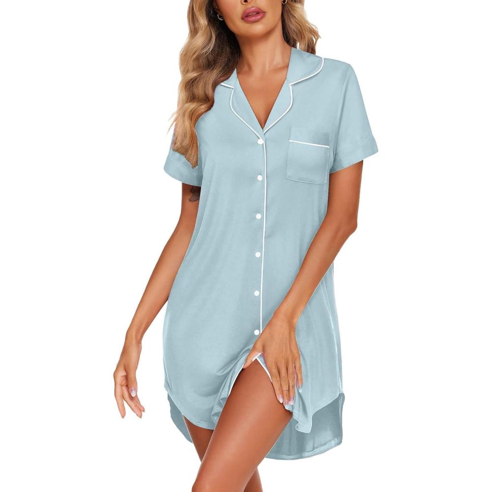 imageEkouaer Womens Cotton Nightgowns Button Down Sleep Shirts Soft Night Shirts Night DressLight Blue