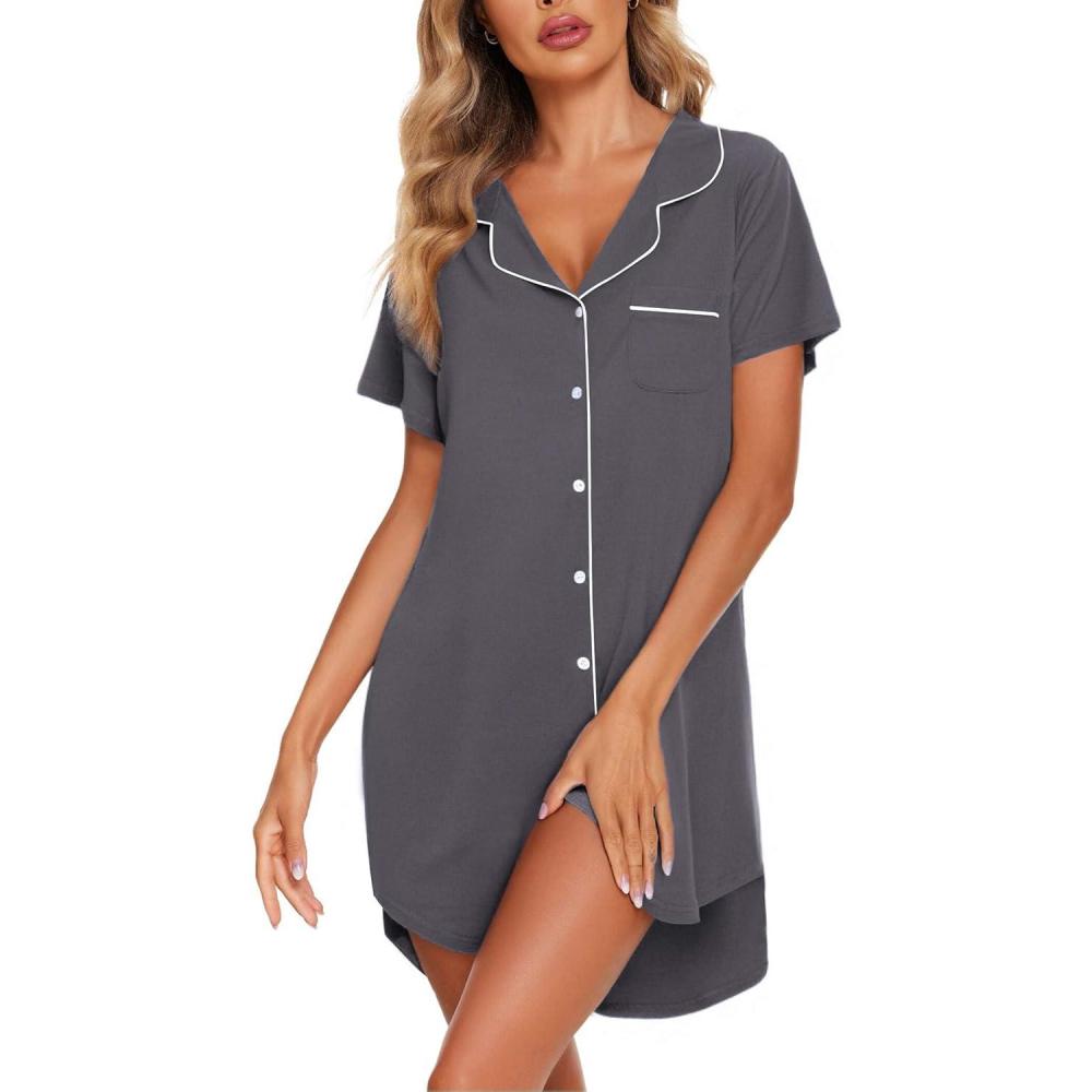 imageEkouaer Womens Cotton Nightgowns Button Down Sleep Shirts Soft Night Shirts Night DressMedium Grey