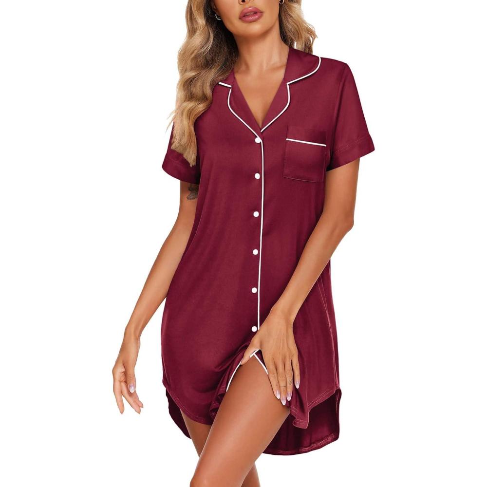 imageEkouaer Womens Cotton Nightgowns Button Down Sleep Shirts Soft Night Shirts Night DressRed
