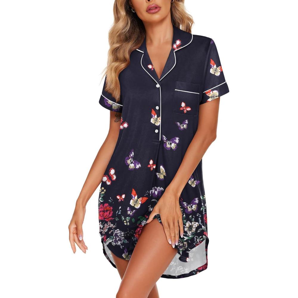 imageEkouaer Womens Nightgown Button Down Nightshirt V Neck Sleepshirt Short Sleeve Sleepwear Soft Pajama DressBlack Butterfly
