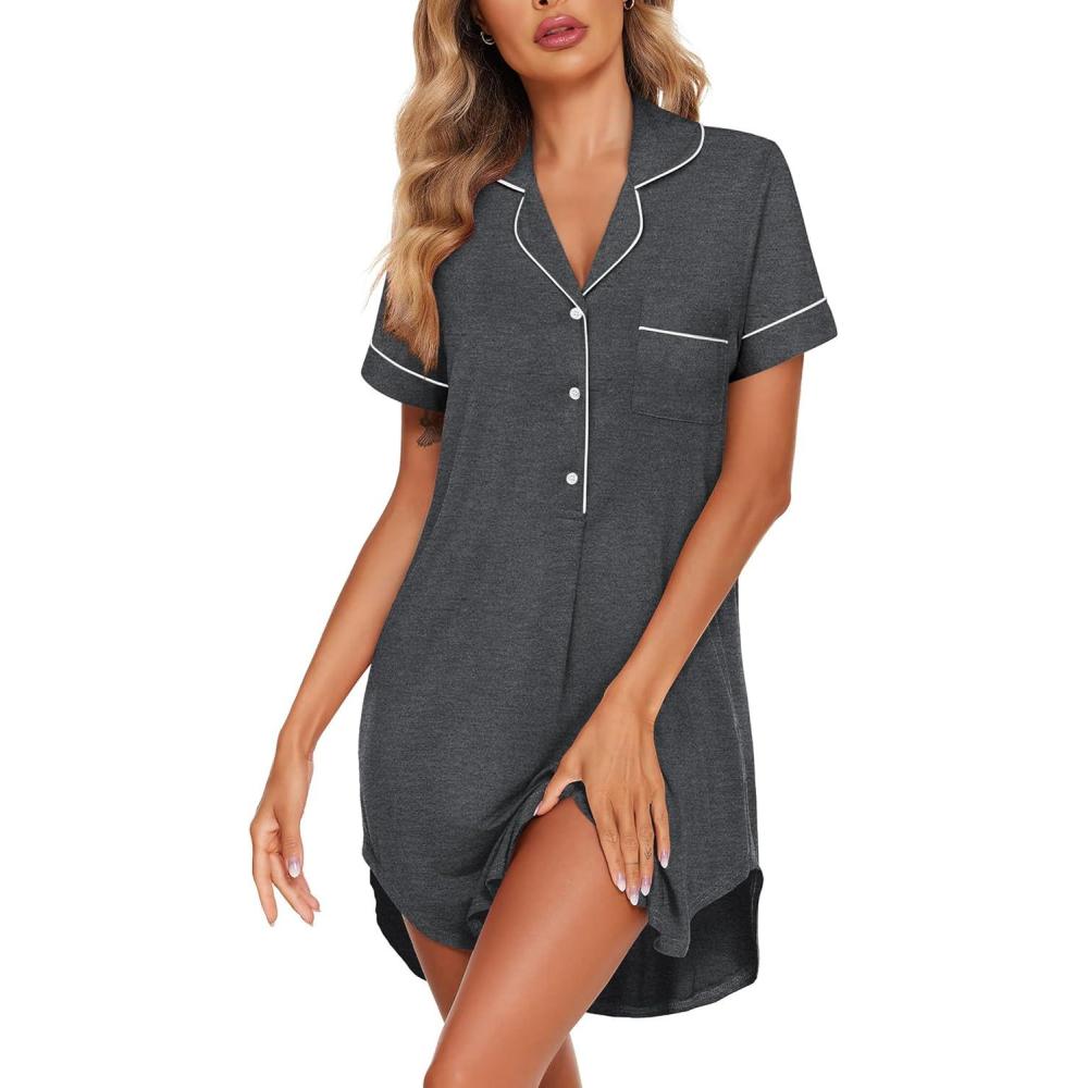 imageEkouaer Womens Nightgown Button Down Nightshirt V Neck Sleepshirt Short Sleeve Sleepwear Soft Pajama DressDark Grey