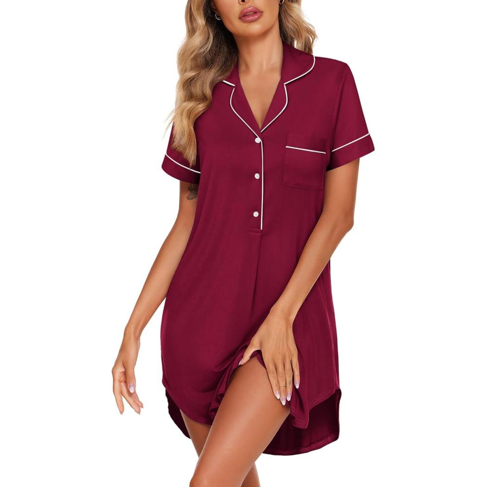 imageEkouaer Womens Nightgown Button Down Nightshirt V Neck Sleepshirt Short Sleeve Sleepwear Soft Pajama DressWine Red