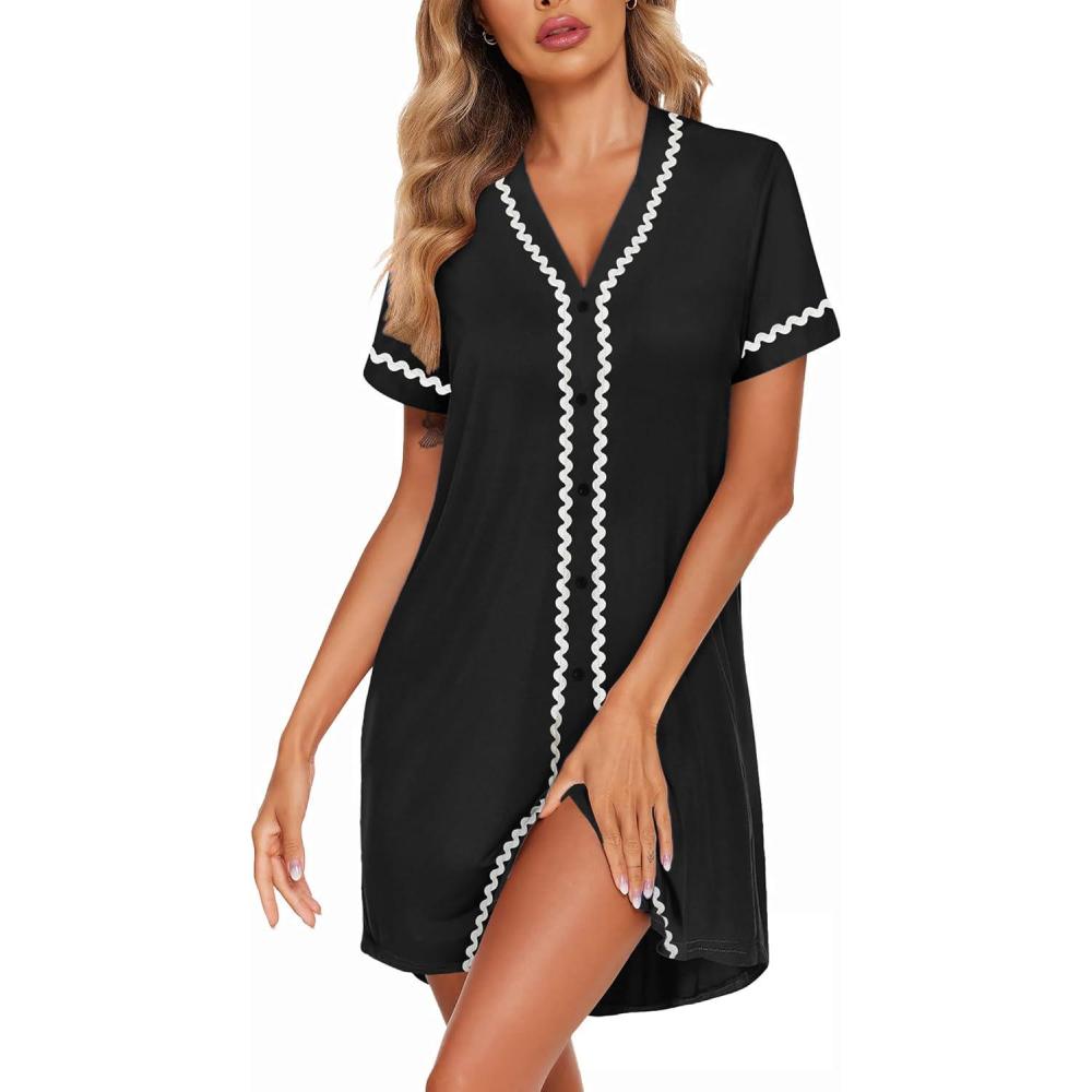 imageEkouaer Womens Nightgown Button Down Sleepshirt Short Sleeve Nightshirt V Neck Sleepwear Pajama Dress