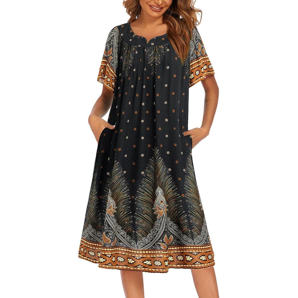 imageEkouaer Womens Nightgown Short Sleeve House Dress with PocketsFloral Print Mumu DressBlack Feather