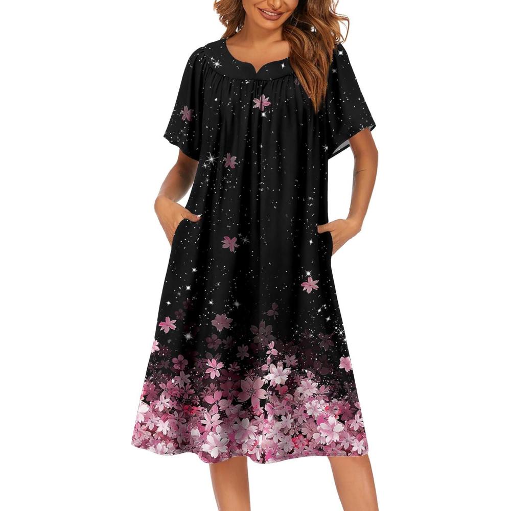 imageEkouaer Womens Nightgown Short Sleeve House Dress with PocketsFloral Print Mumu DressCherry Blossoms