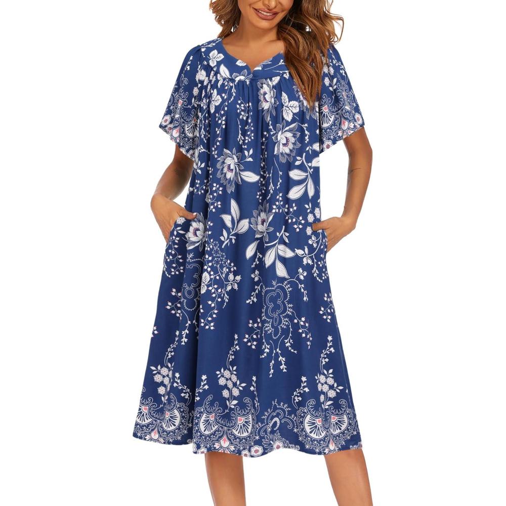 imageEkouaer Womens Nightgown Short Sleeve House Dress with PocketsFloral Print Mumu DressEvening Blue Vines