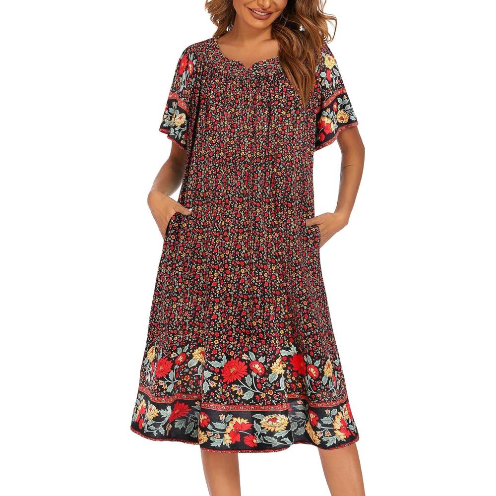 imageEkouaer Womens Nightgown Short Sleeve House Dress with PocketsFloral Print Mumu DressFloral Black