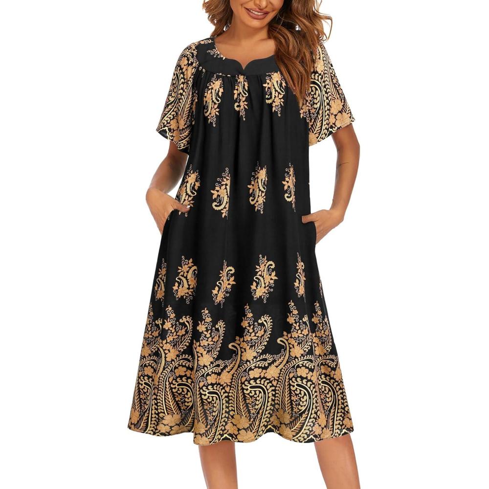 imageEkouaer Womens Nightgown Short Sleeve House Dress with PocketsFloral Print Mumu DressFloral Black Gold