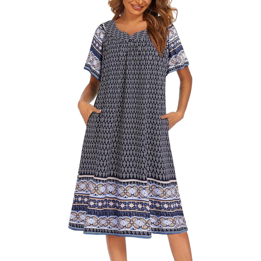 imageEkouaer Womens Nightgown Short Sleeve House Dress with PocketsFloral Print Mumu DressFloral Navy Blue