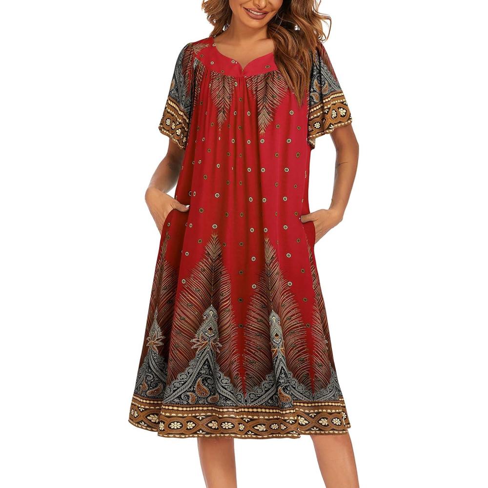 imageEkouaer Womens Nightgown Short Sleeve House Dress with PocketsFloral Print Mumu DressFloral Red